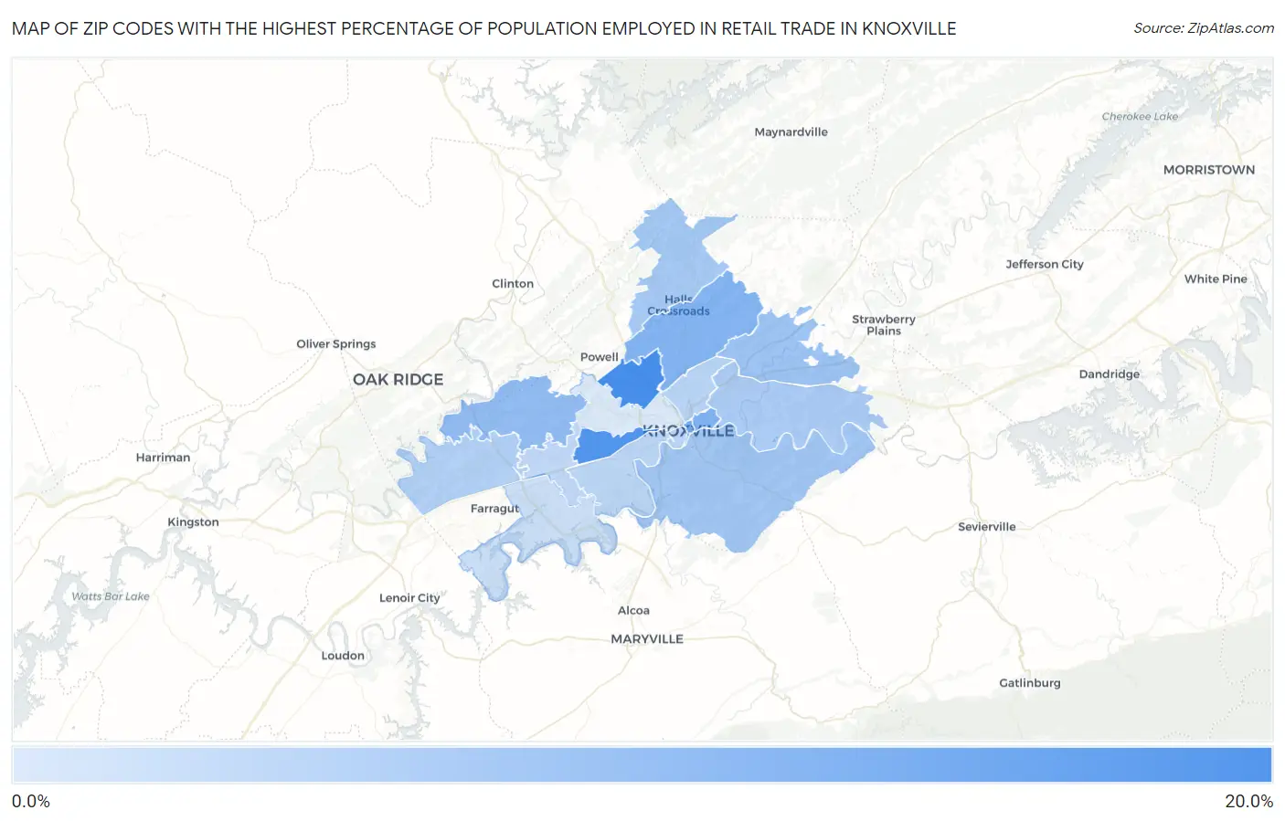 Zip Codes with the Highest Percentage of Population Employed in Retail Trade in Knoxville Map