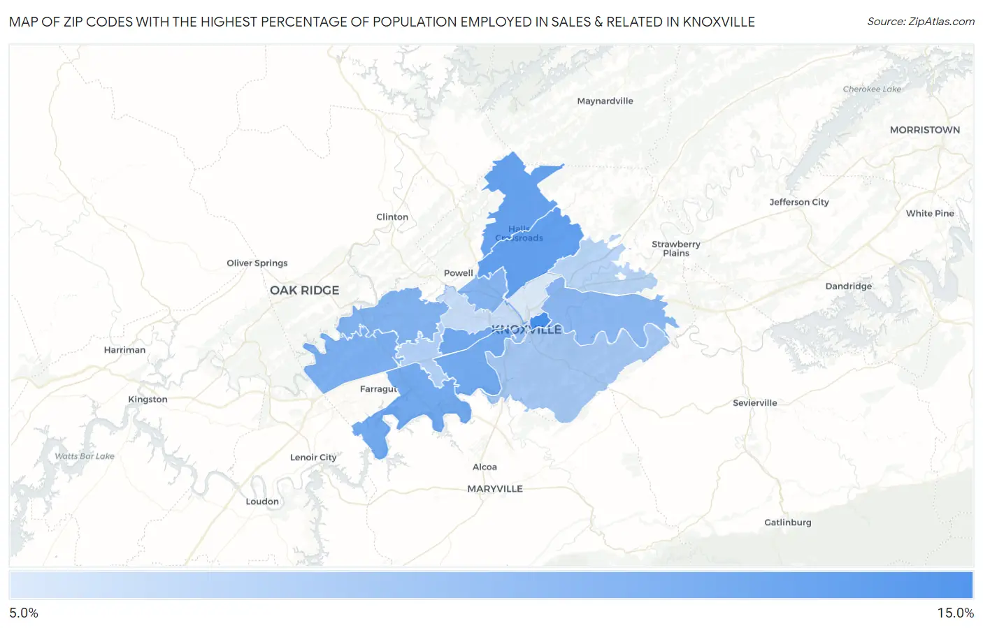 Zip Codes with the Highest Percentage of Population Employed in Sales & Related in Knoxville Map