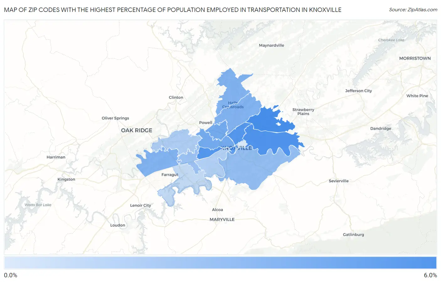 Zip Codes with the Highest Percentage of Population Employed in Transportation in Knoxville Map