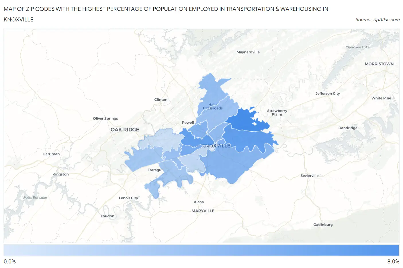 Zip Codes with the Highest Percentage of Population Employed in Transportation & Warehousing in Knoxville Map