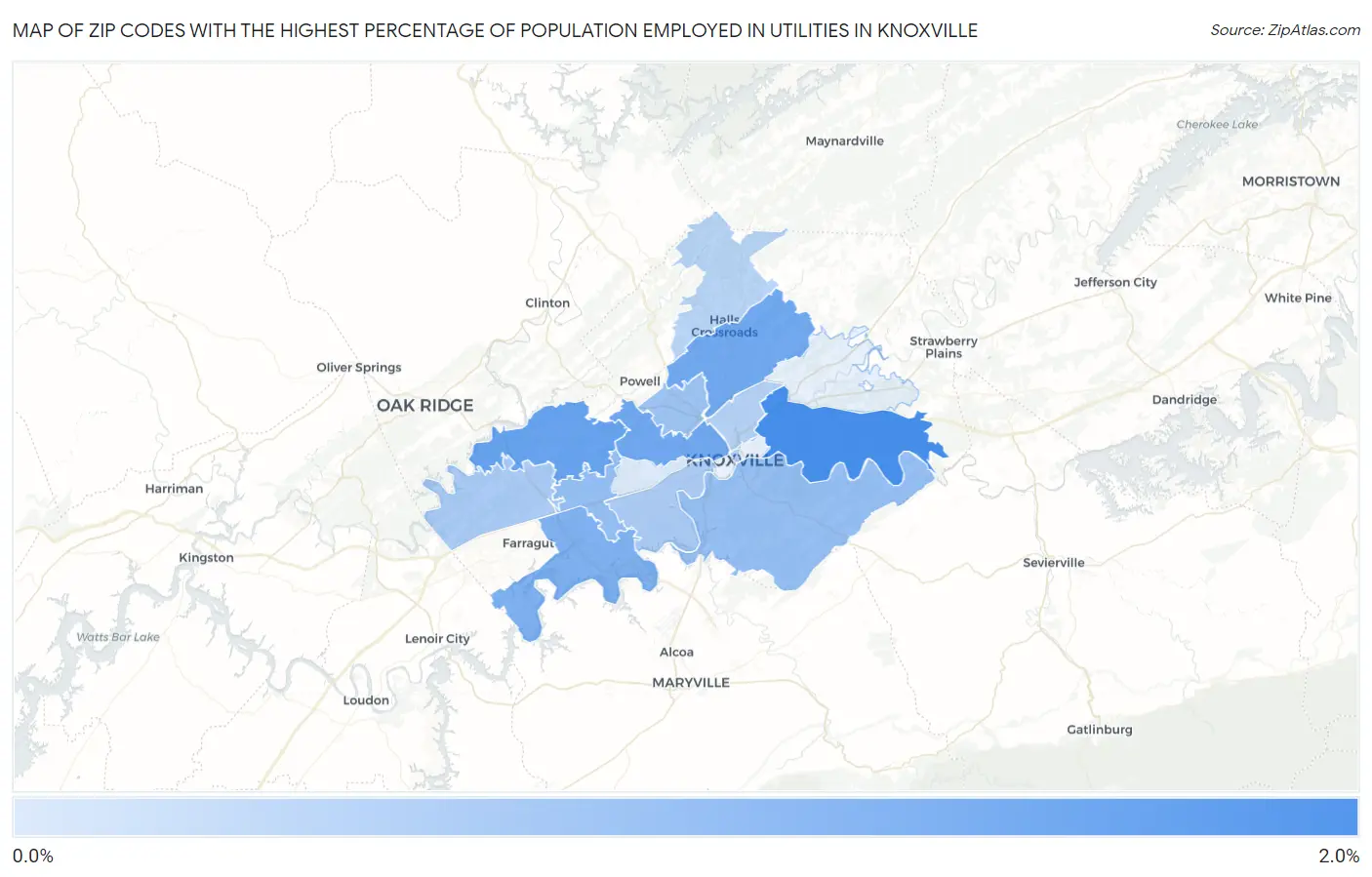 Zip Codes with the Highest Percentage of Population Employed in Utilities in Knoxville Map