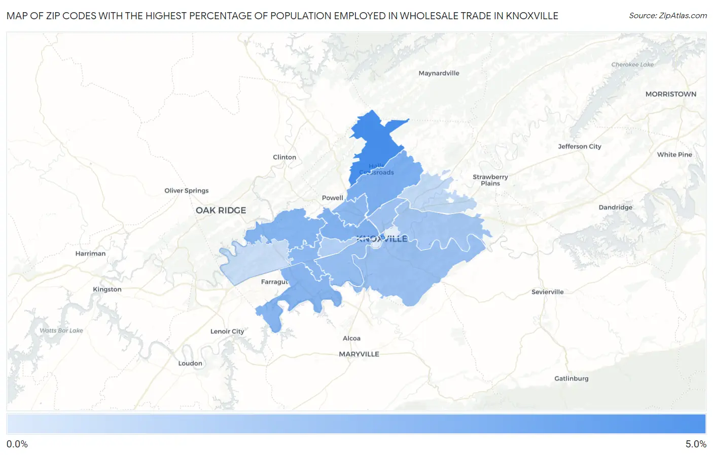 Zip Codes with the Highest Percentage of Population Employed in Wholesale Trade in Knoxville Map