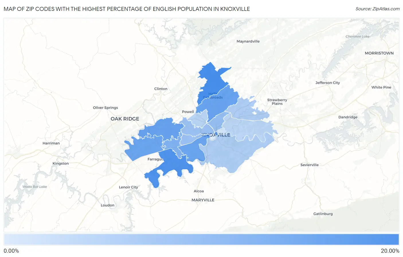 Zip Codes with the Highest Percentage of English Population in Knoxville Map