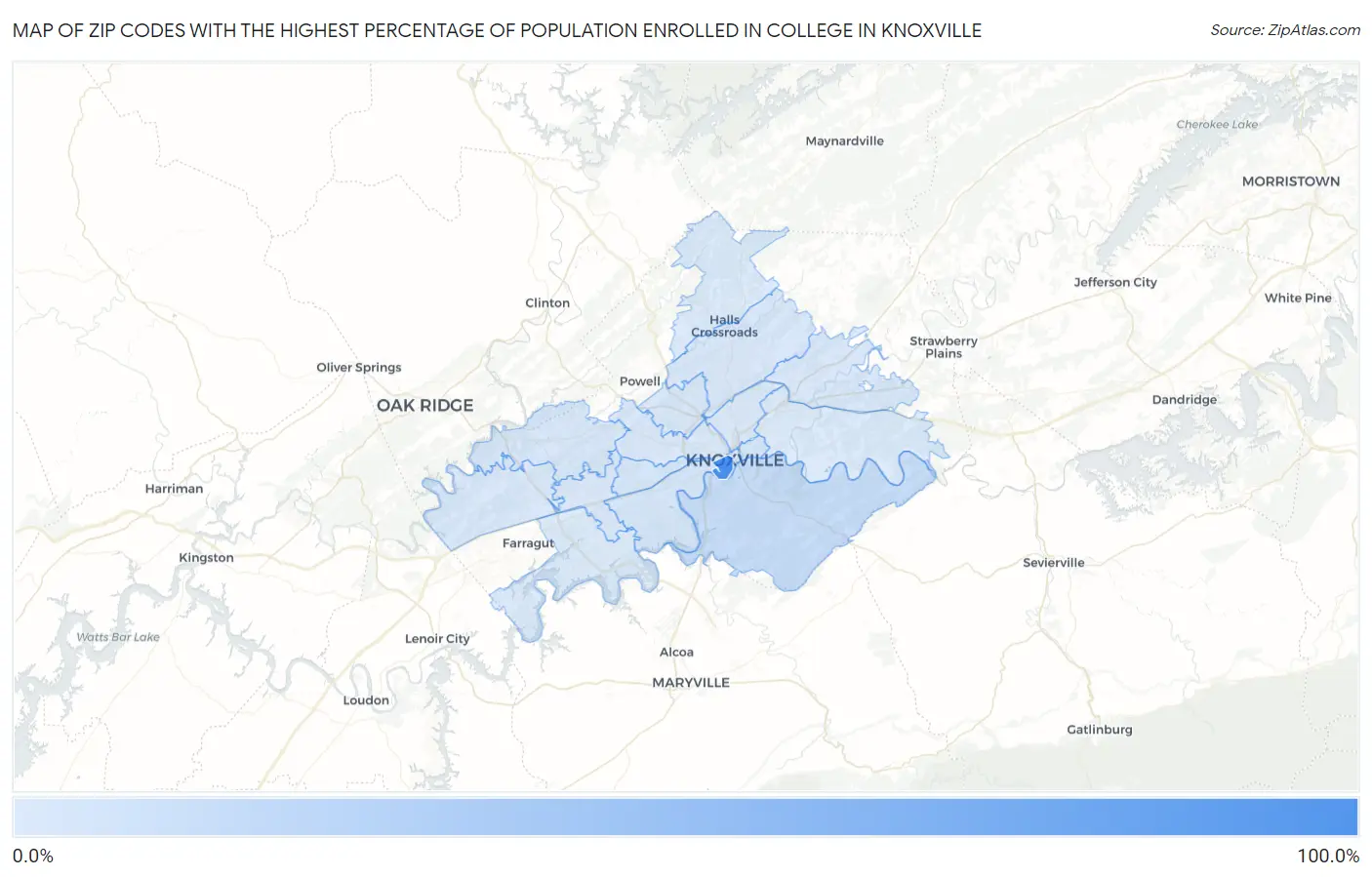 Zip Codes with the Highest Percentage of Population Enrolled in College in Knoxville Map