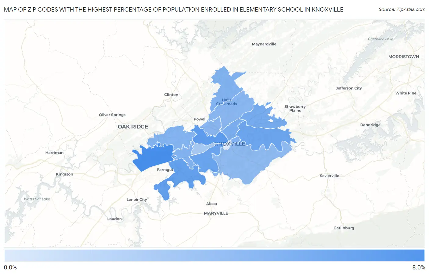 Zip Codes with the Highest Percentage of Population Enrolled in Elementary School in Knoxville Map