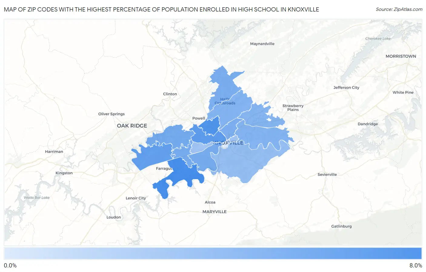 Zip Codes with the Highest Percentage of Population Enrolled in High School in Knoxville Map