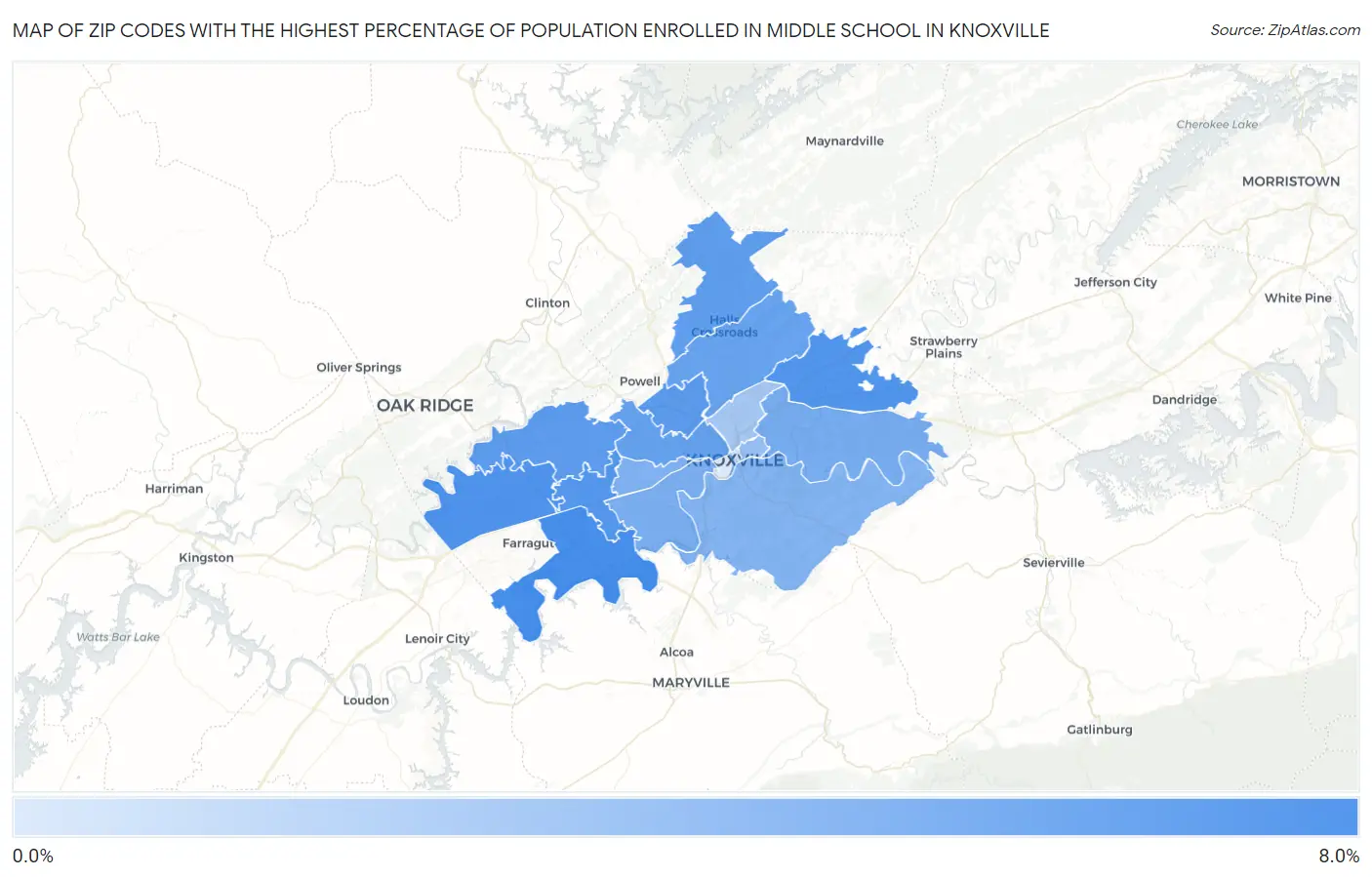 Zip Codes with the Highest Percentage of Population Enrolled in Middle School in Knoxville Map