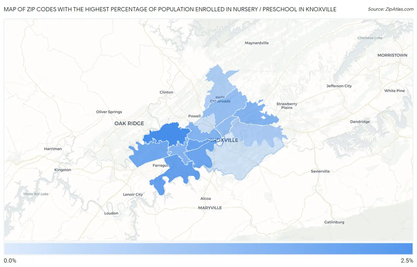 Zip Codes with the Highest Percentage of Population Enrolled in Nursery / Preschool in Knoxville Map