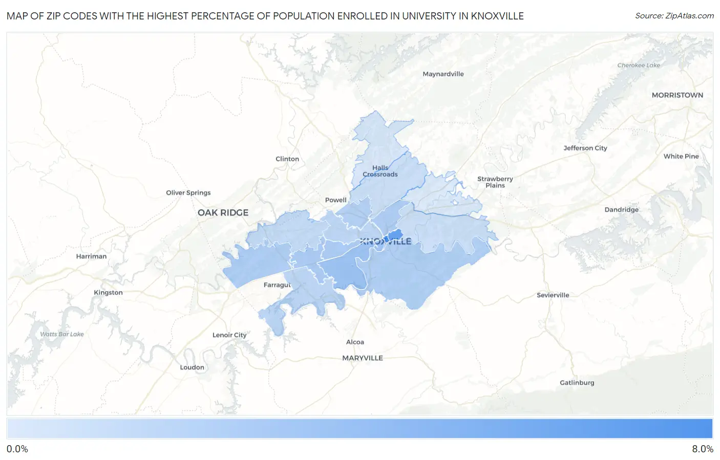 Zip Codes with the Highest Percentage of Population Enrolled in University in Knoxville Map