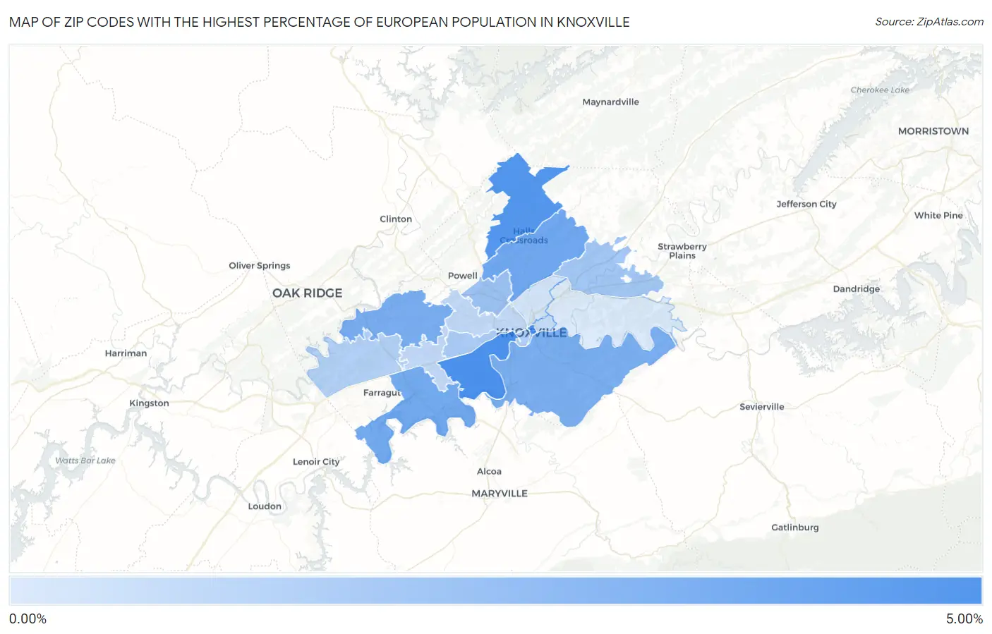 Zip Codes with the Highest Percentage of European Population in Knoxville Map