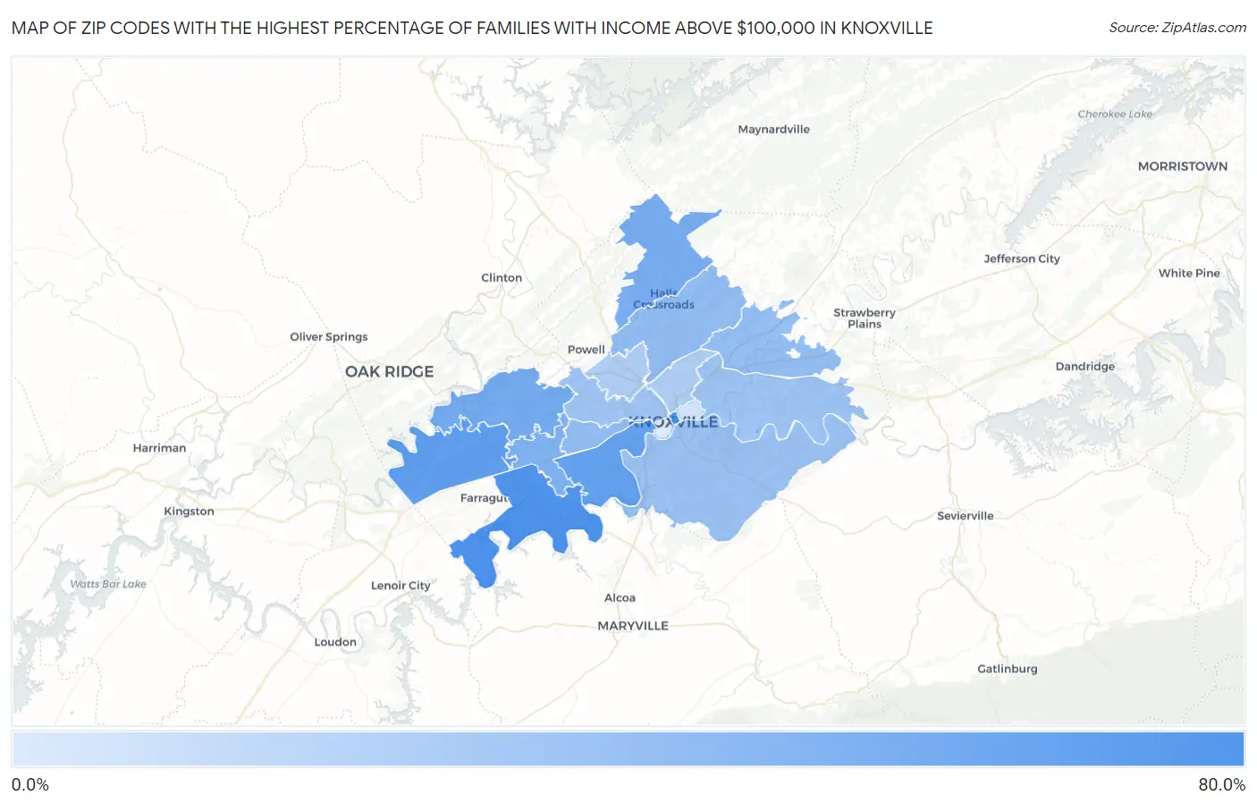 Zip Codes with the Highest Percentage of Families with Income Above $100,000 in Knoxville Map