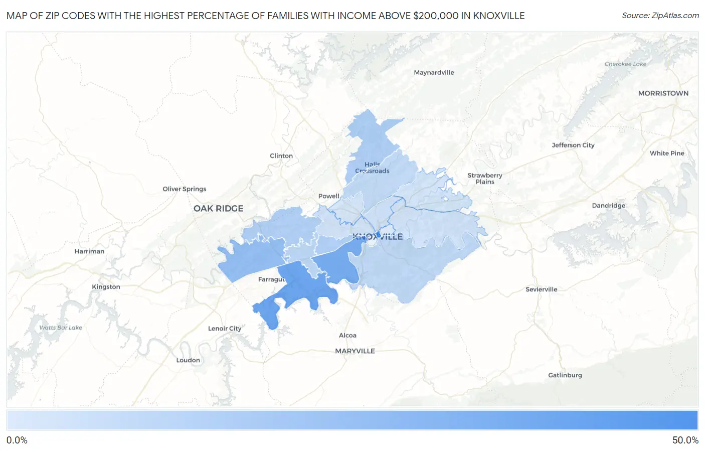 Zip Codes with the Highest Percentage of Families with Income Above $200,000 in Knoxville Map