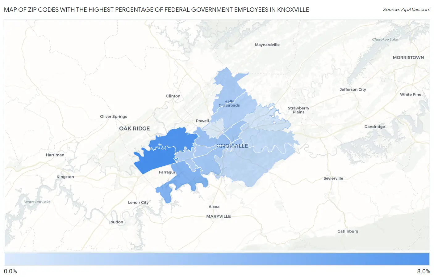 Zip Codes with the Highest Percentage of Federal Government Employees in Knoxville Map