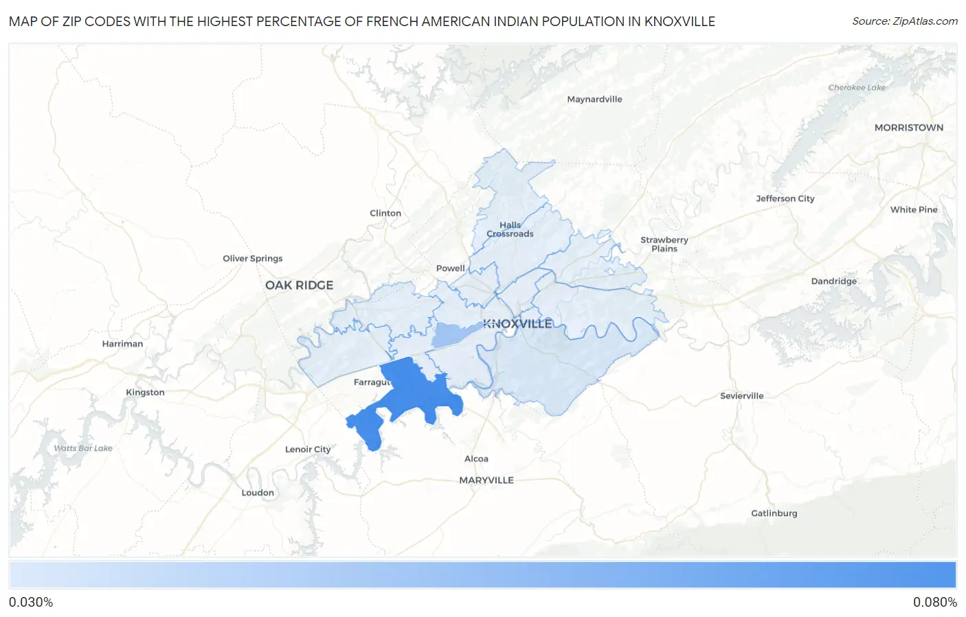 Zip Codes with the Highest Percentage of French American Indian Population in Knoxville Map