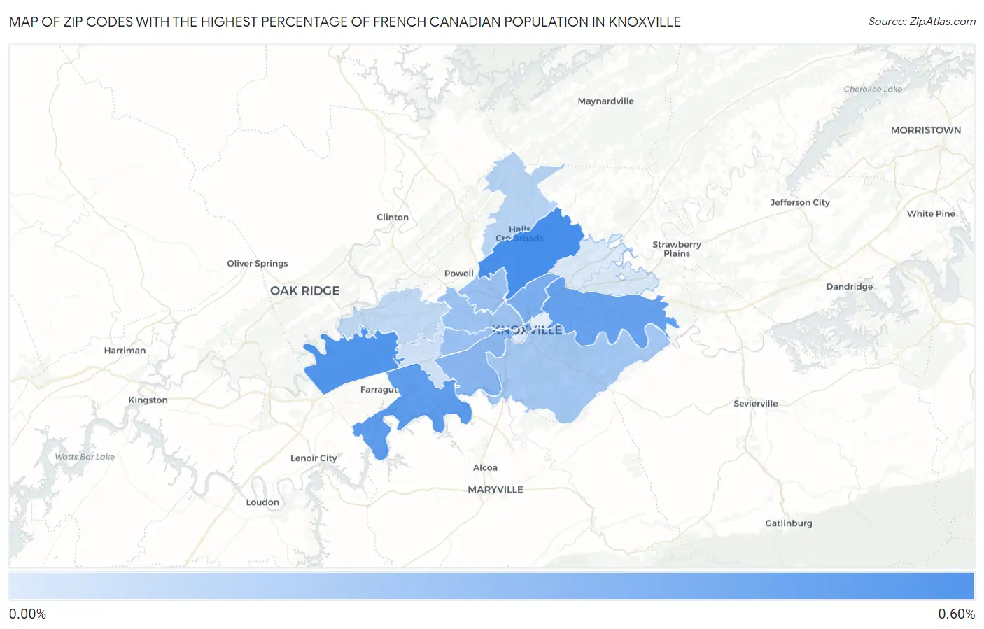 Zip Codes with the Highest Percentage of French Canadian Population in Knoxville Map