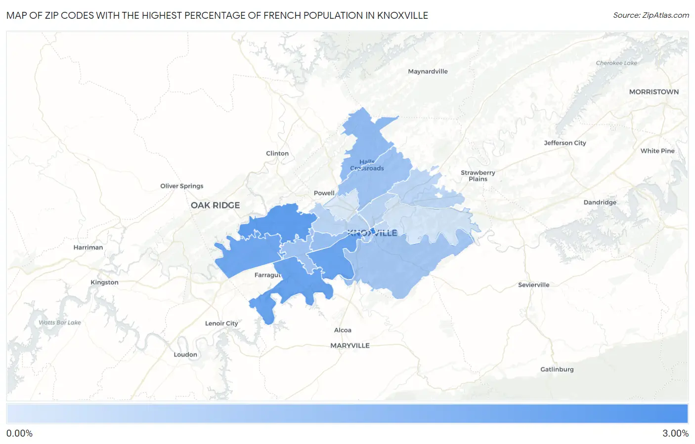 Zip Codes with the Highest Percentage of French Population in Knoxville Map