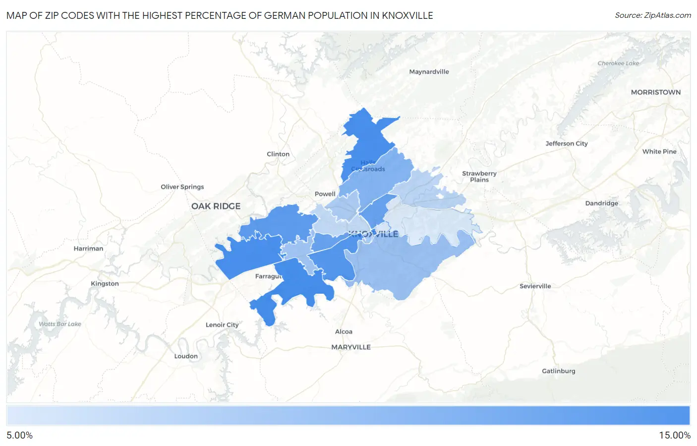 Zip Codes with the Highest Percentage of German Population in Knoxville Map