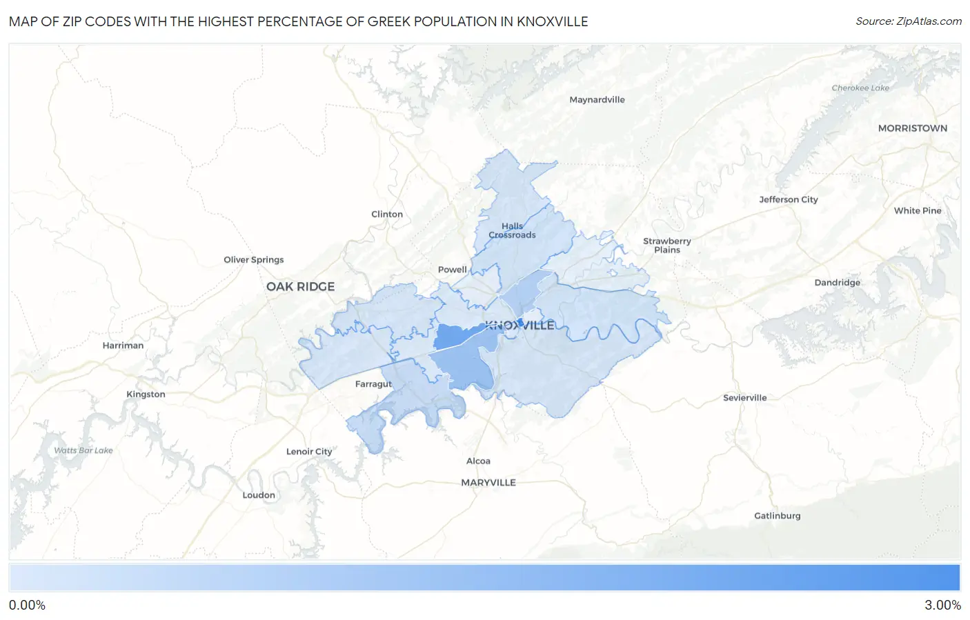 Zip Codes with the Highest Percentage of Greek Population in Knoxville Map