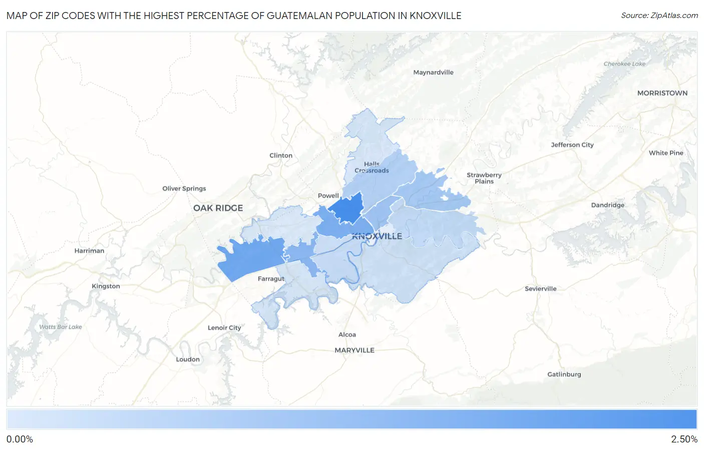 Zip Codes with the Highest Percentage of Guatemalan Population in Knoxville Map
