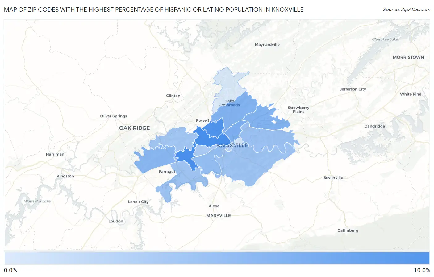 Zip Codes with the Highest Percentage of Hispanic or Latino Population in Knoxville Map