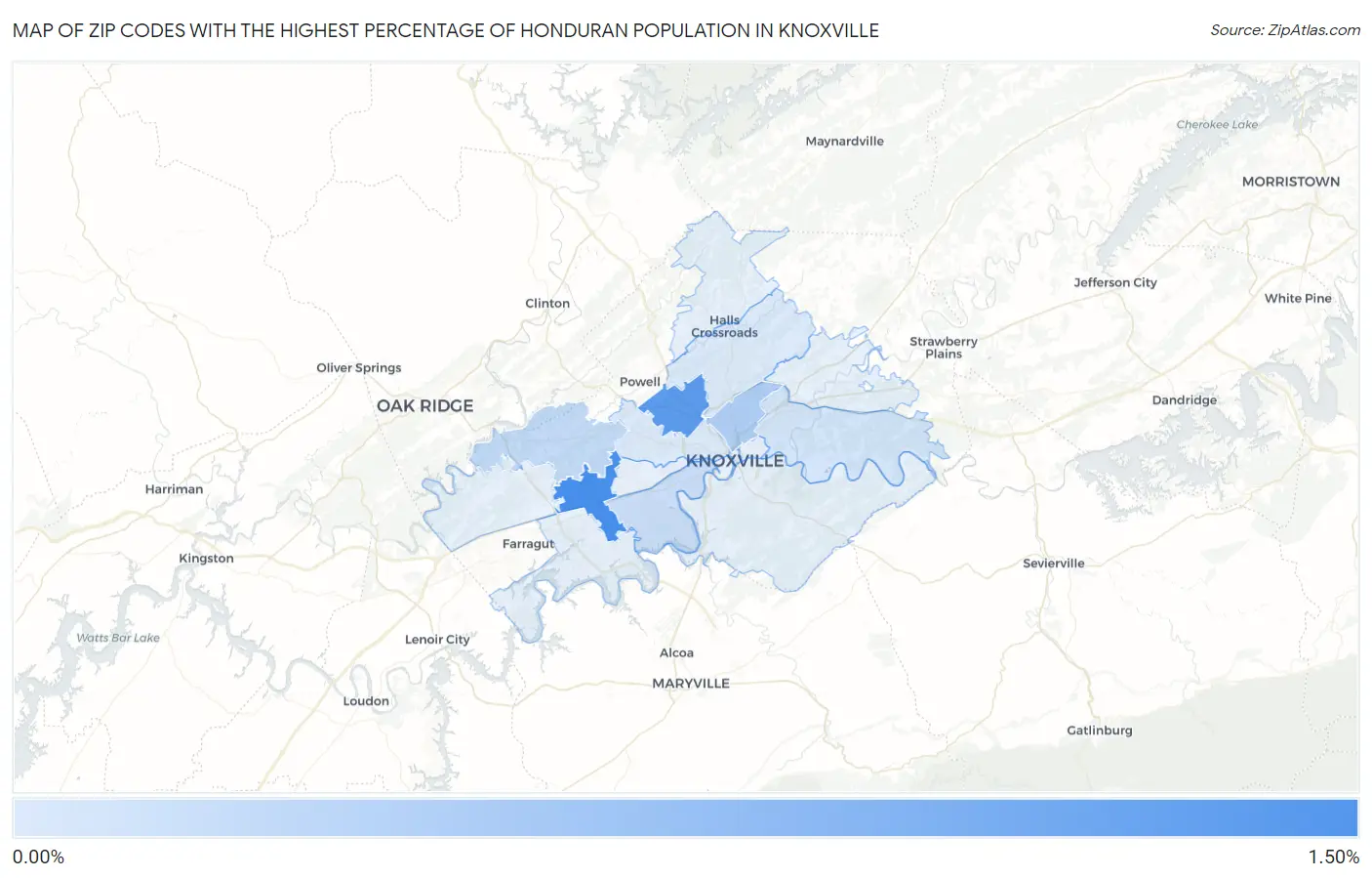 Zip Codes with the Highest Percentage of Honduran Population in Knoxville Map
