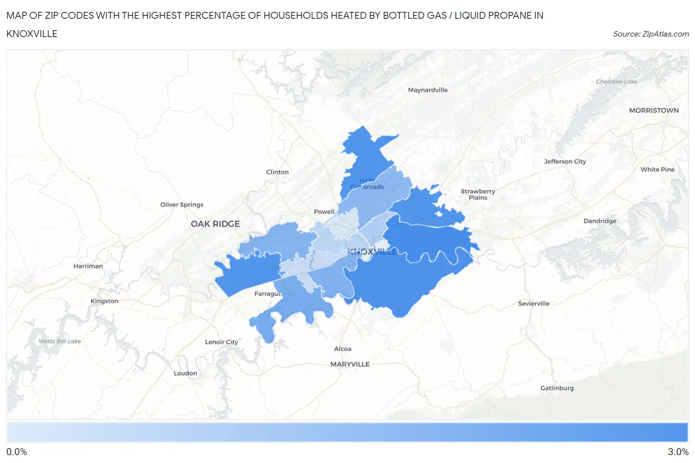 Zip Codes with the Highest Percentage of Households Heated by Bottled Gas / Liquid Propane in Knoxville Map