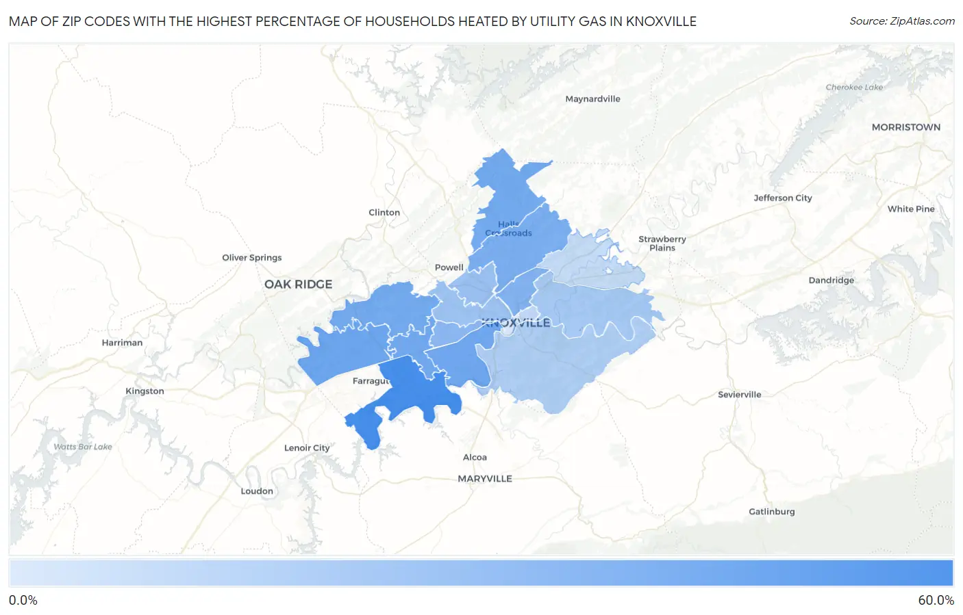 Zip Codes with the Highest Percentage of Households Heated by Utility Gas in Knoxville Map