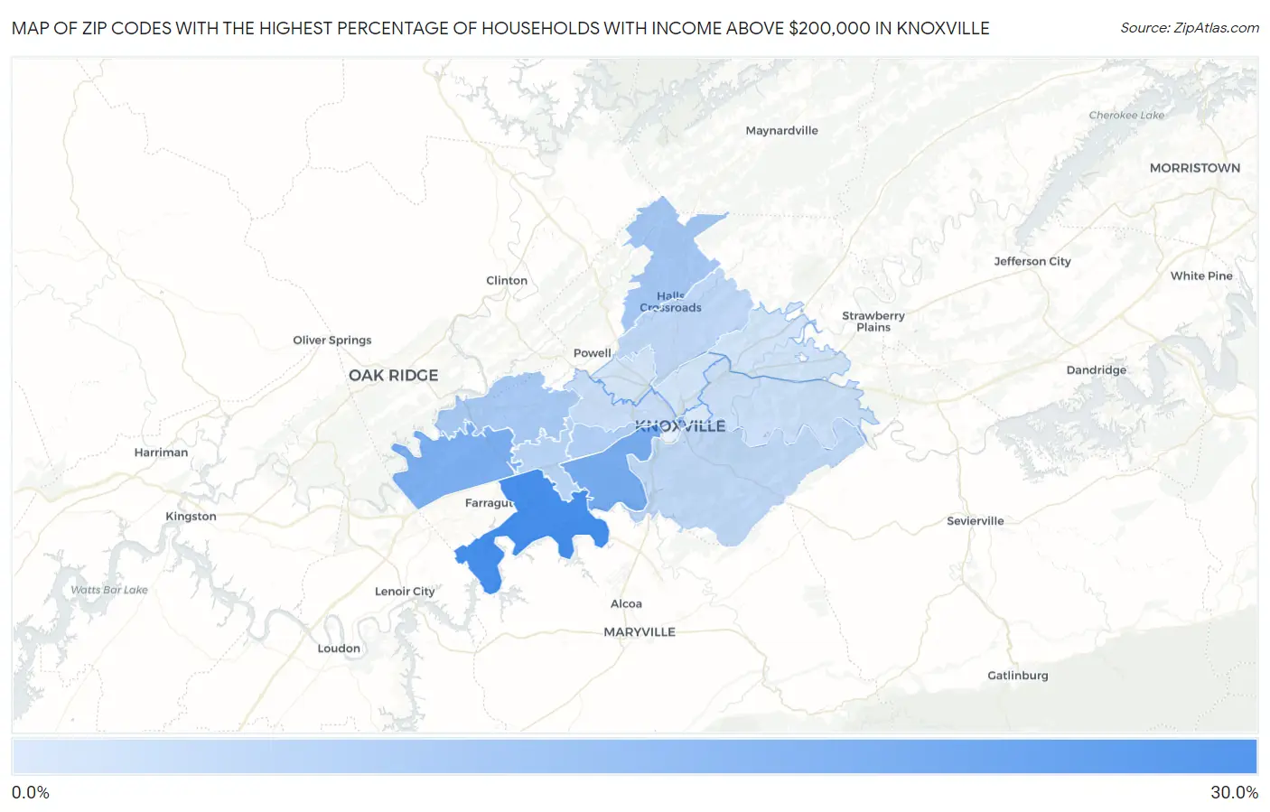 Zip Codes with the Highest Percentage of Households with Income Above $200,000 in Knoxville Map