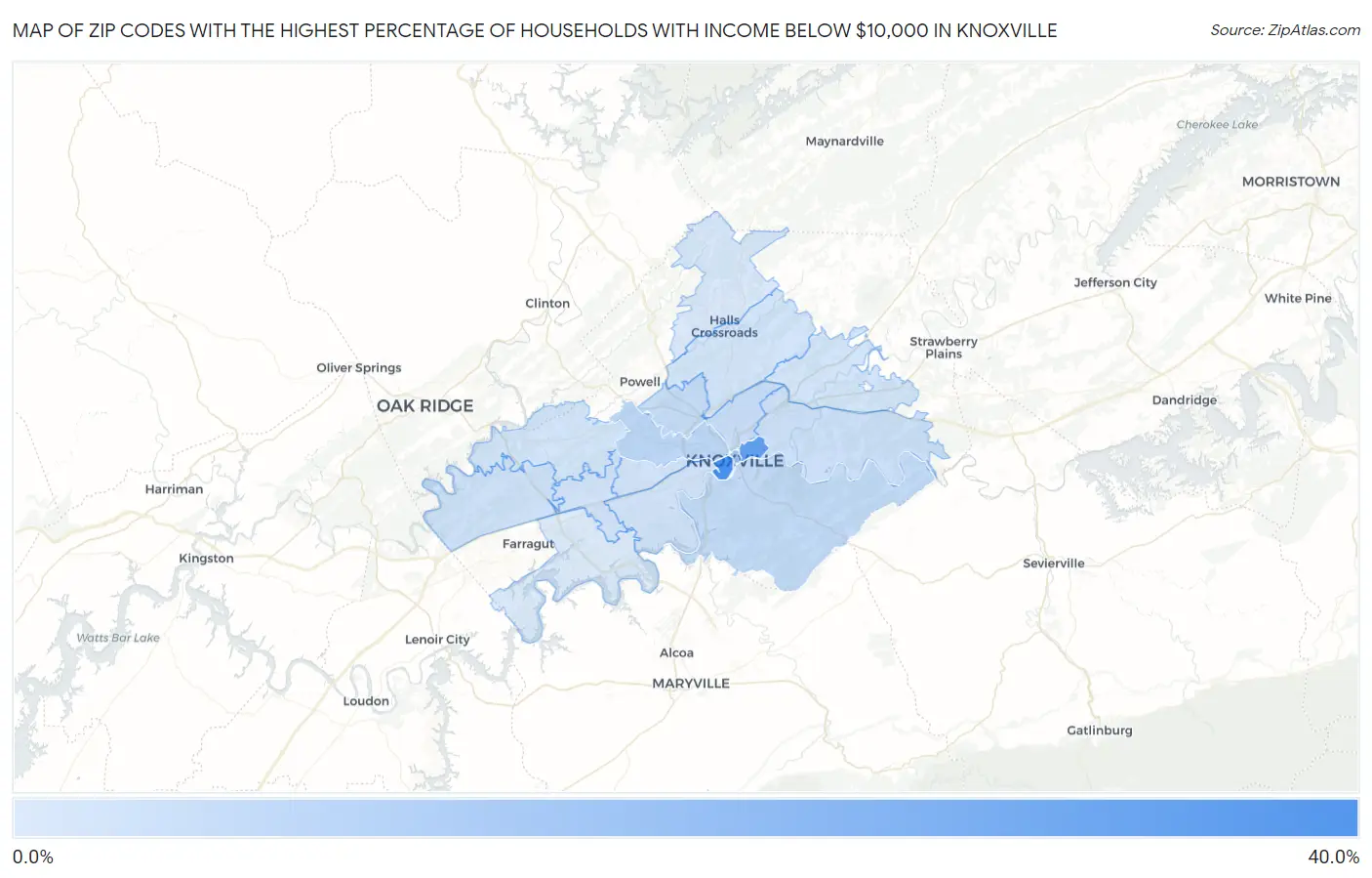 Zip Codes with the Highest Percentage of Households with Income Below $10,000 in Knoxville Map