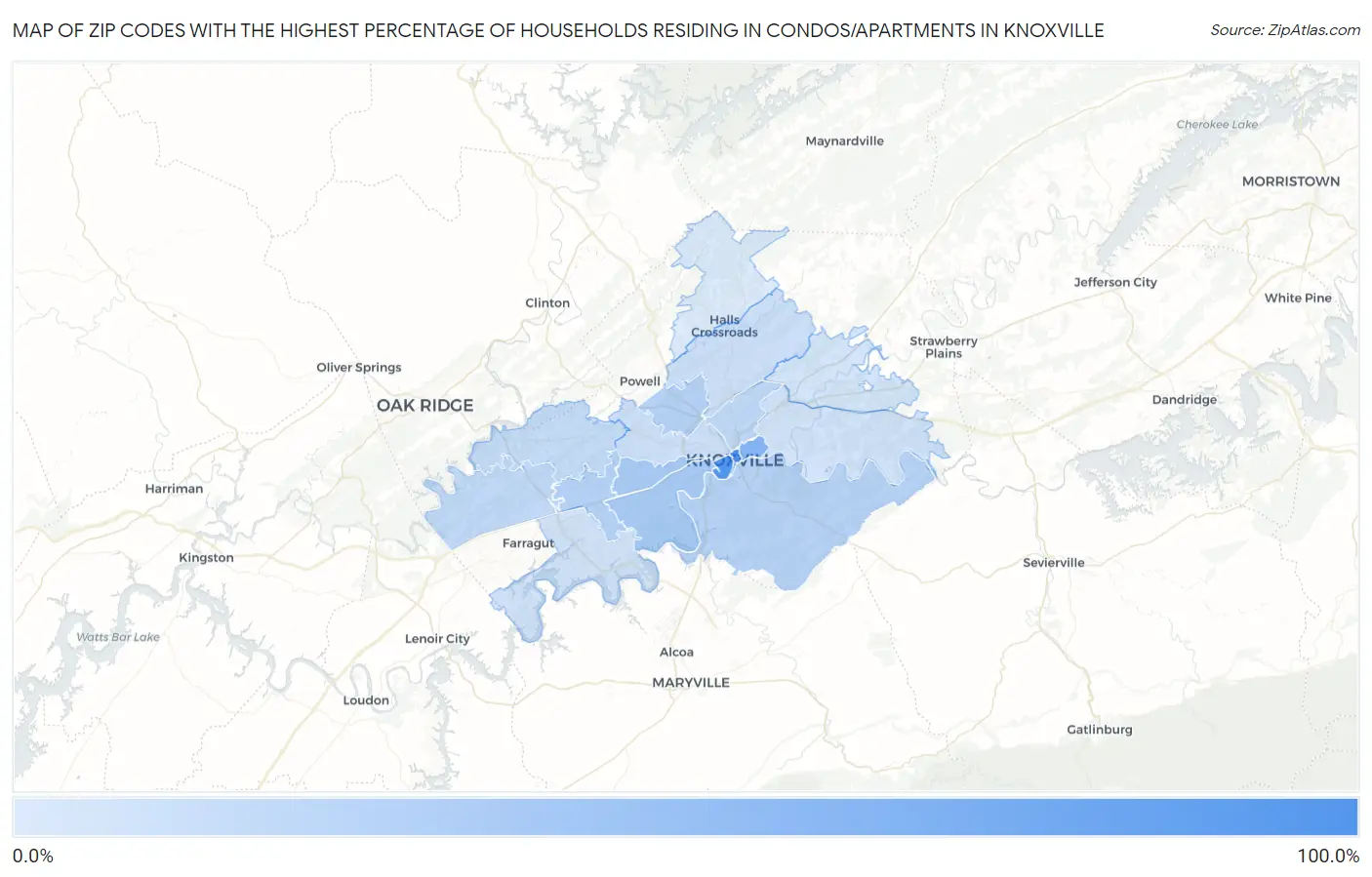 Zip Codes with the Highest Percentage of Households Residing in Condos/Apartments in Knoxville Map