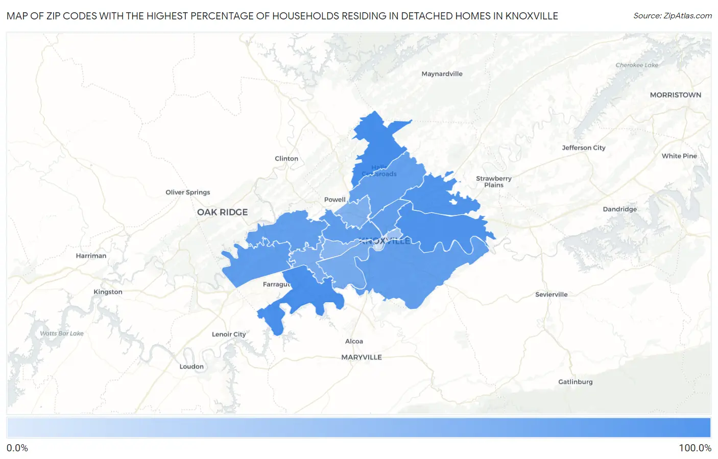 Zip Codes with the Highest Percentage of Households Residing in Detached Homes in Knoxville Map