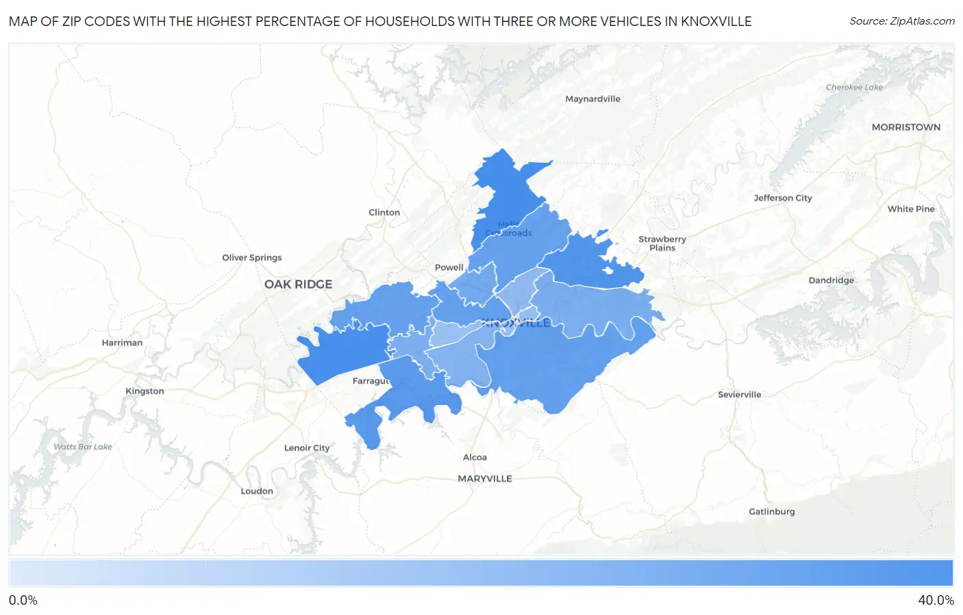 Zip Codes with the Highest Percentage of Households With Three or more Vehicles in Knoxville Map