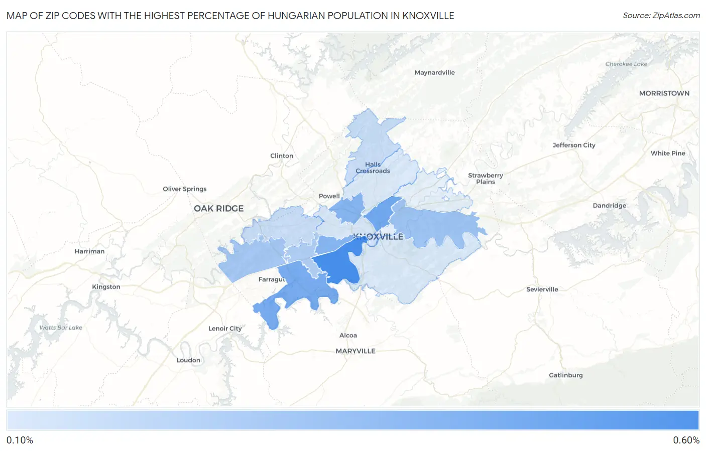 Zip Codes with the Highest Percentage of Hungarian Population in Knoxville Map