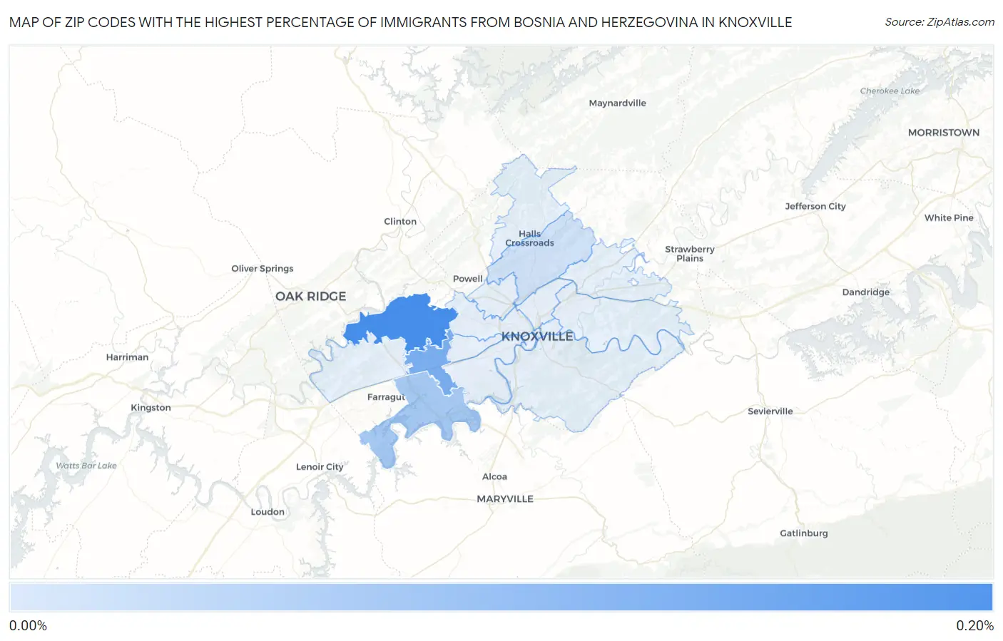 Zip Codes with the Highest Percentage of Immigrants from Bosnia and Herzegovina in Knoxville Map