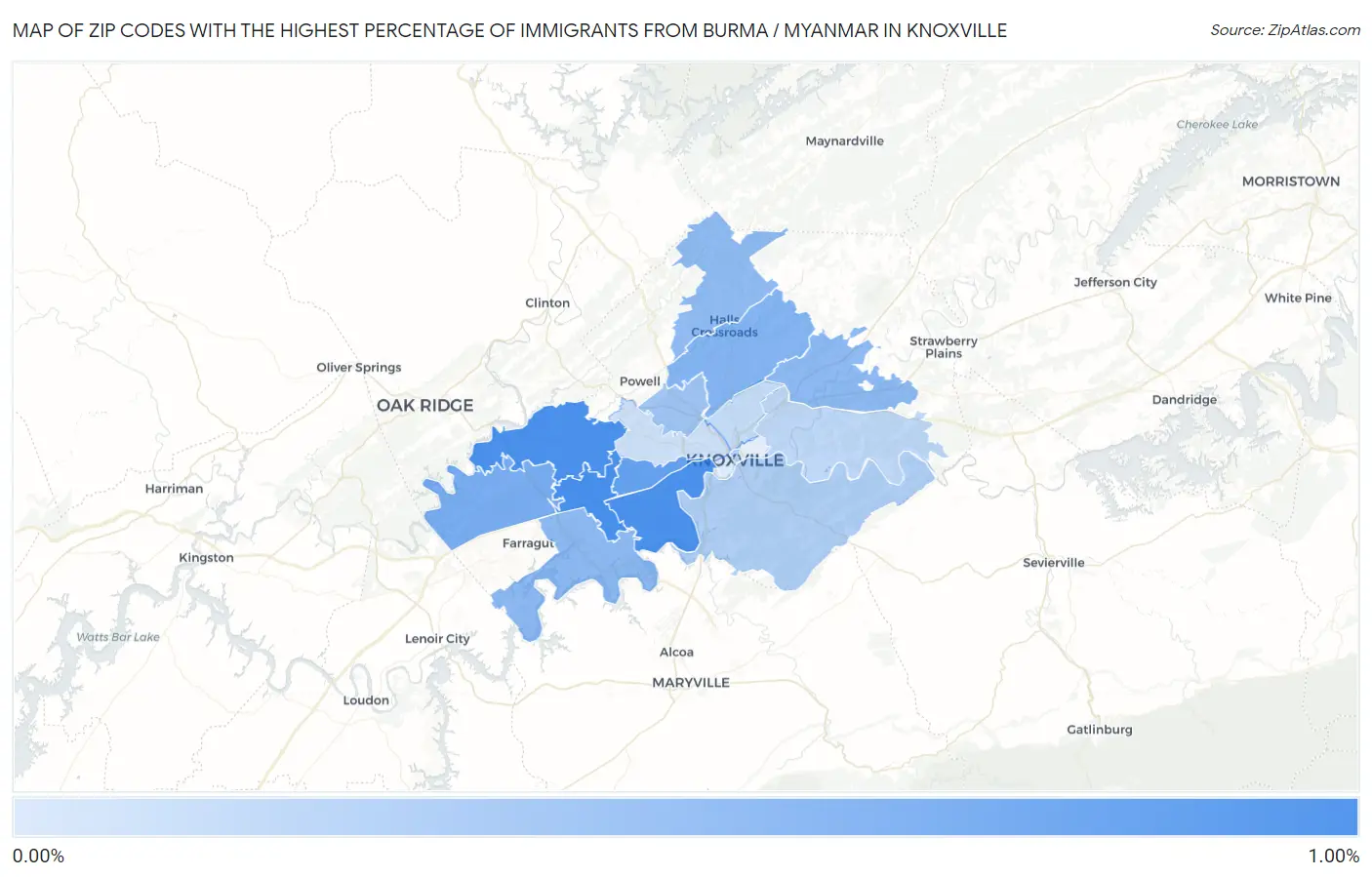 Zip Codes with the Highest Percentage of Immigrants from Burma / Myanmar in Knoxville Map