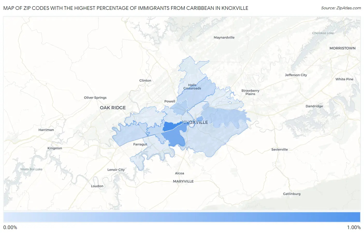 Zip Codes with the Highest Percentage of Immigrants from Caribbean in Knoxville Map
