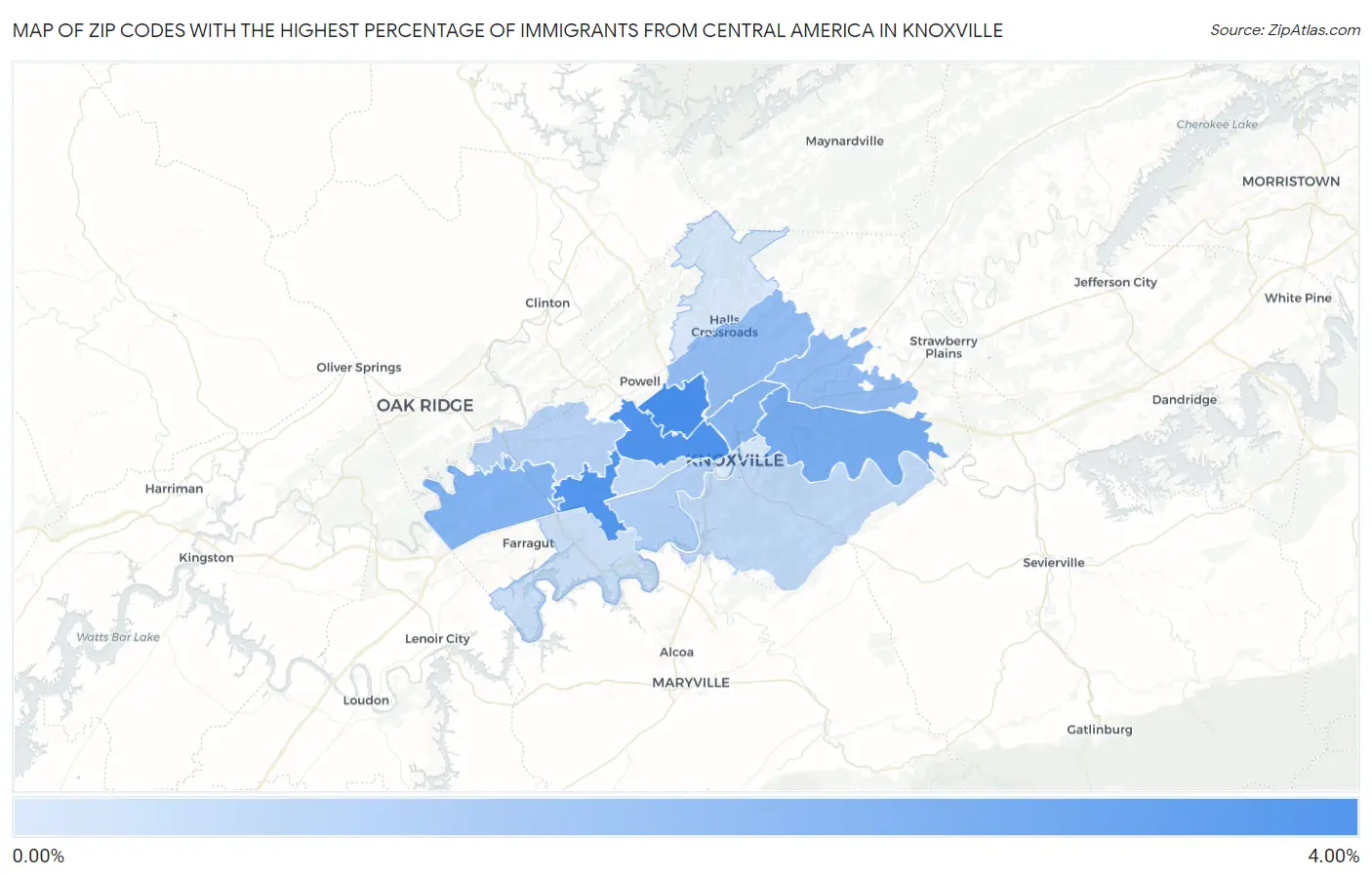 Zip Codes with the Highest Percentage of Immigrants from Central America in Knoxville Map