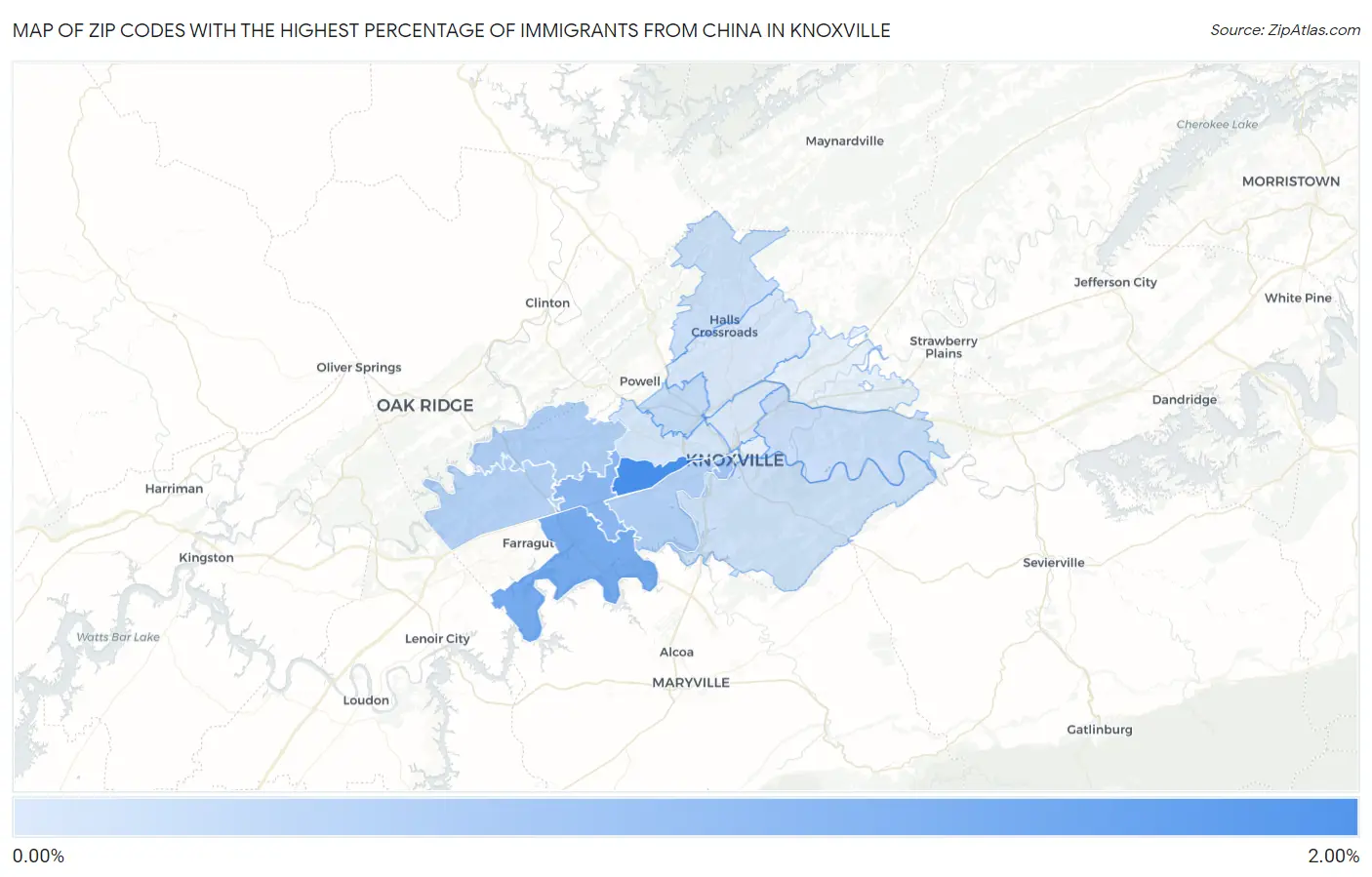 Zip Codes with the Highest Percentage of Immigrants from China in Knoxville Map