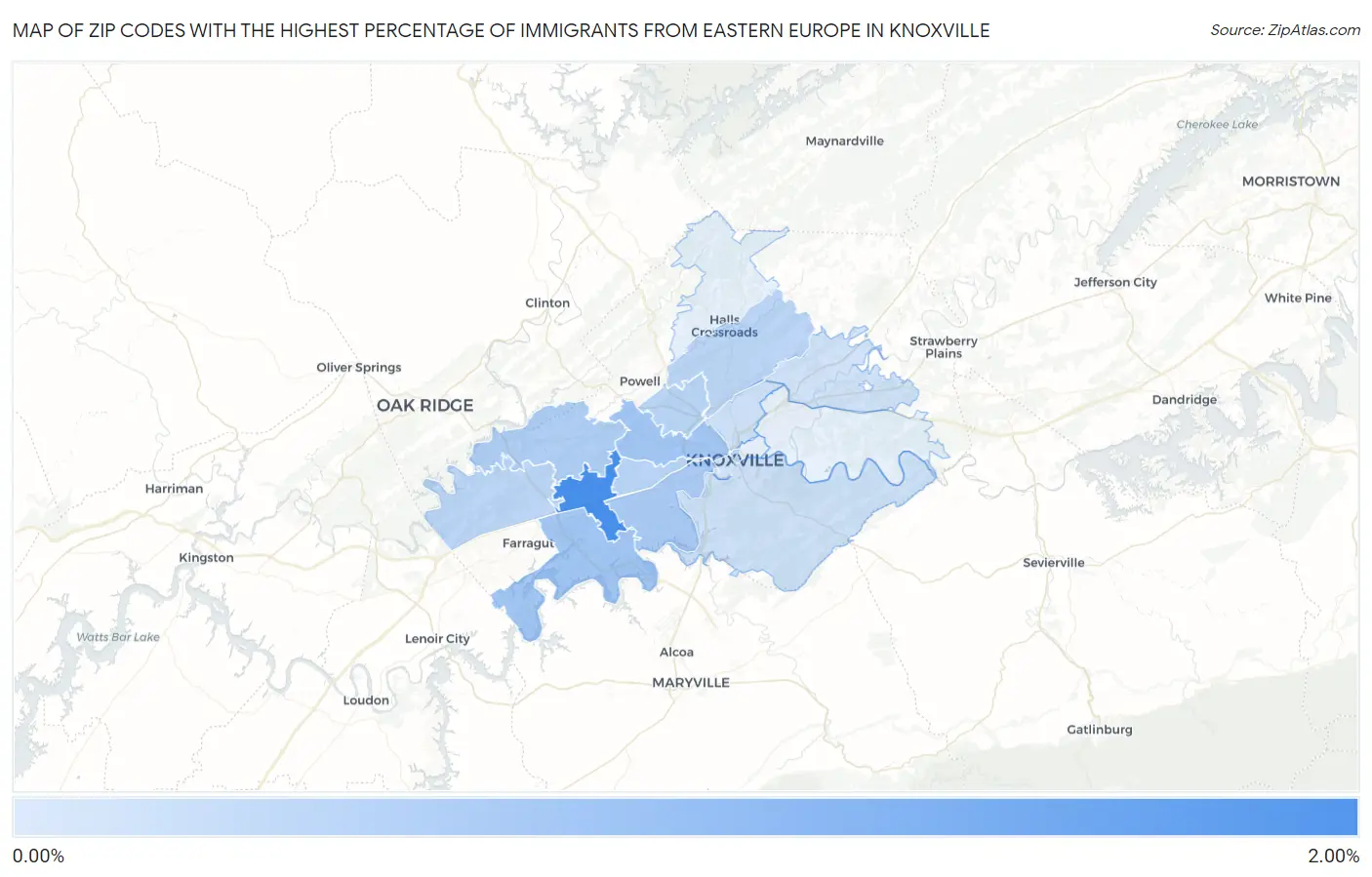 Zip Codes with the Highest Percentage of Immigrants from Eastern Europe in Knoxville Map