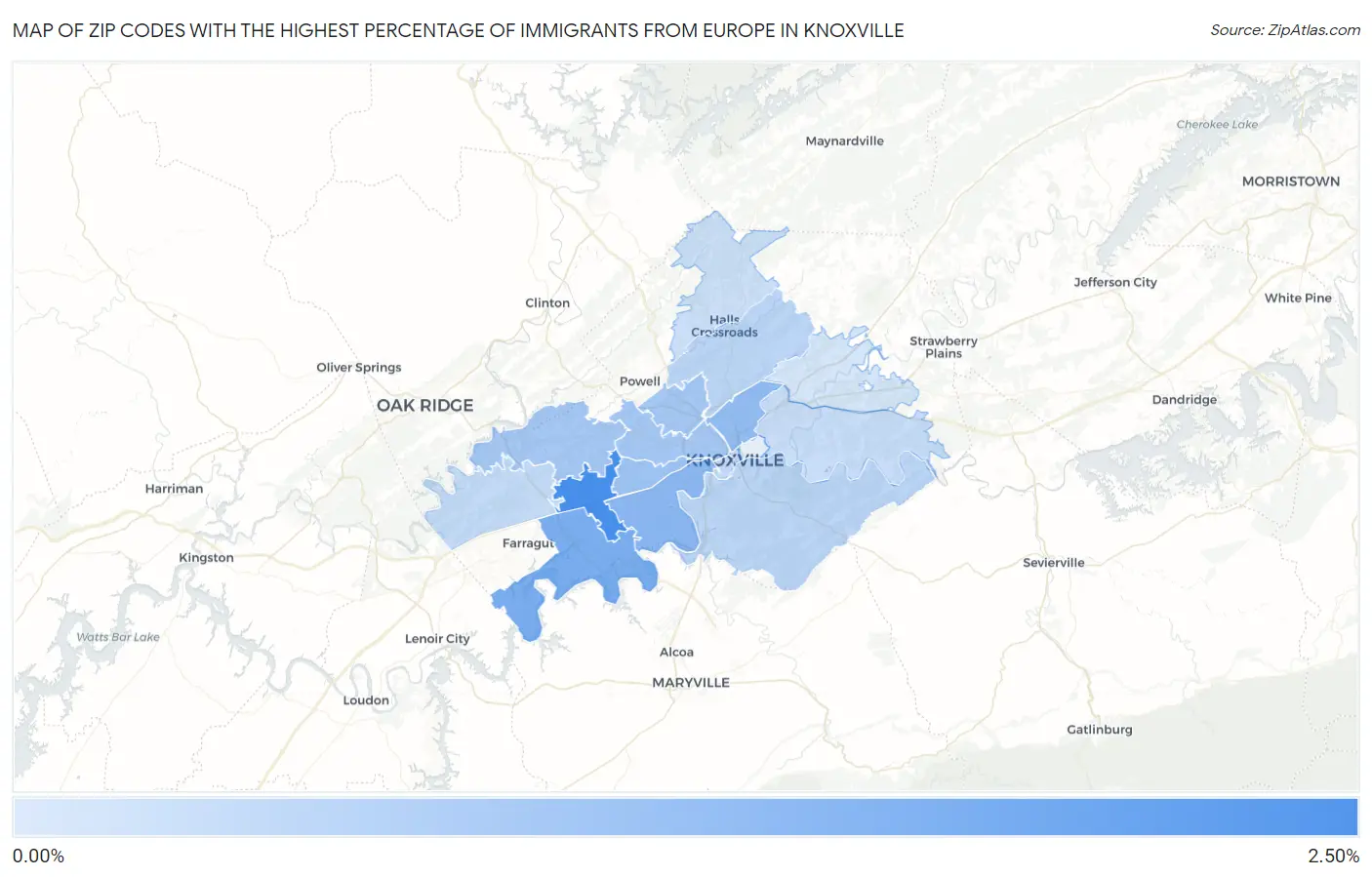 Zip Codes with the Highest Percentage of Immigrants from Europe in Knoxville Map