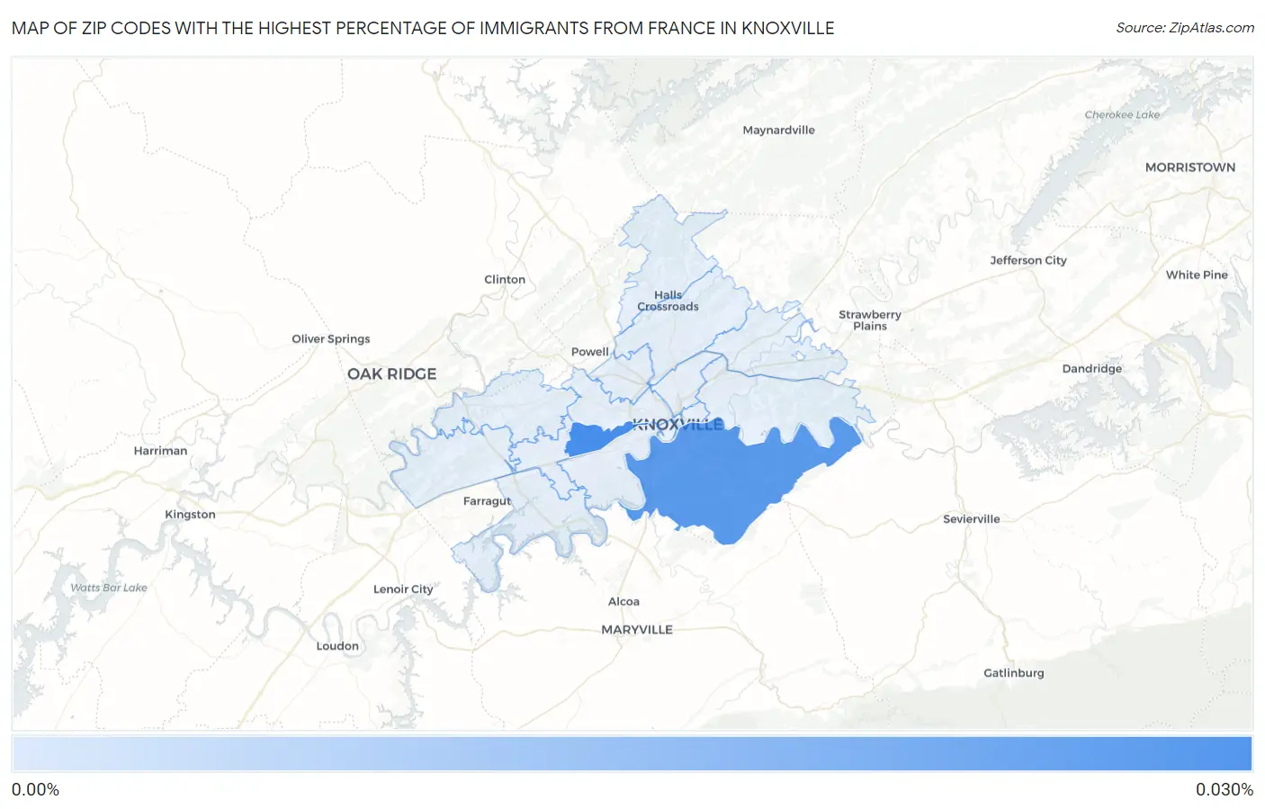 Zip Codes with the Highest Percentage of Immigrants from France in Knoxville Map
