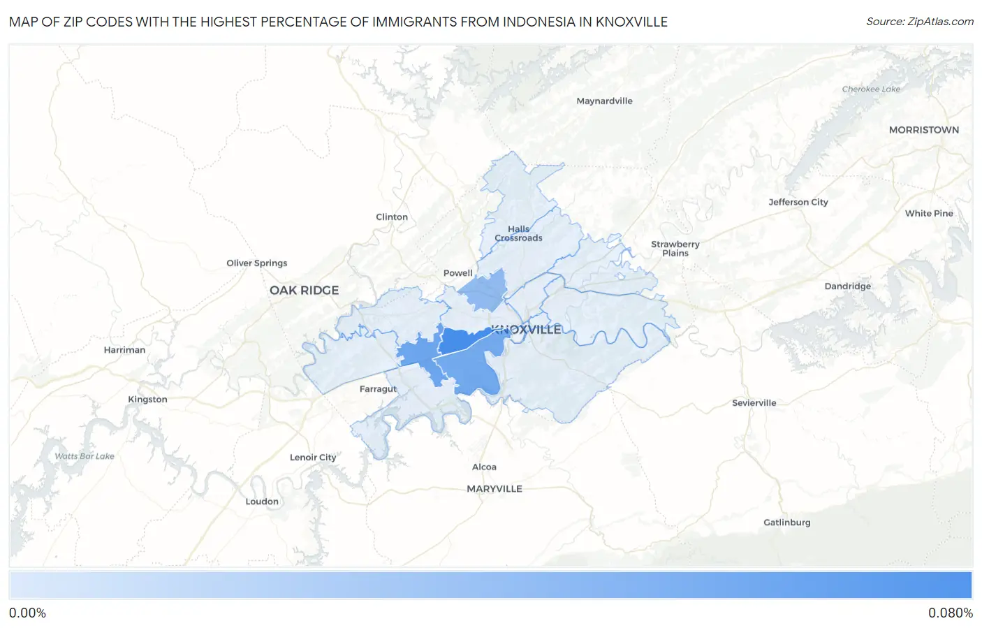 Zip Codes with the Highest Percentage of Immigrants from Indonesia in Knoxville Map