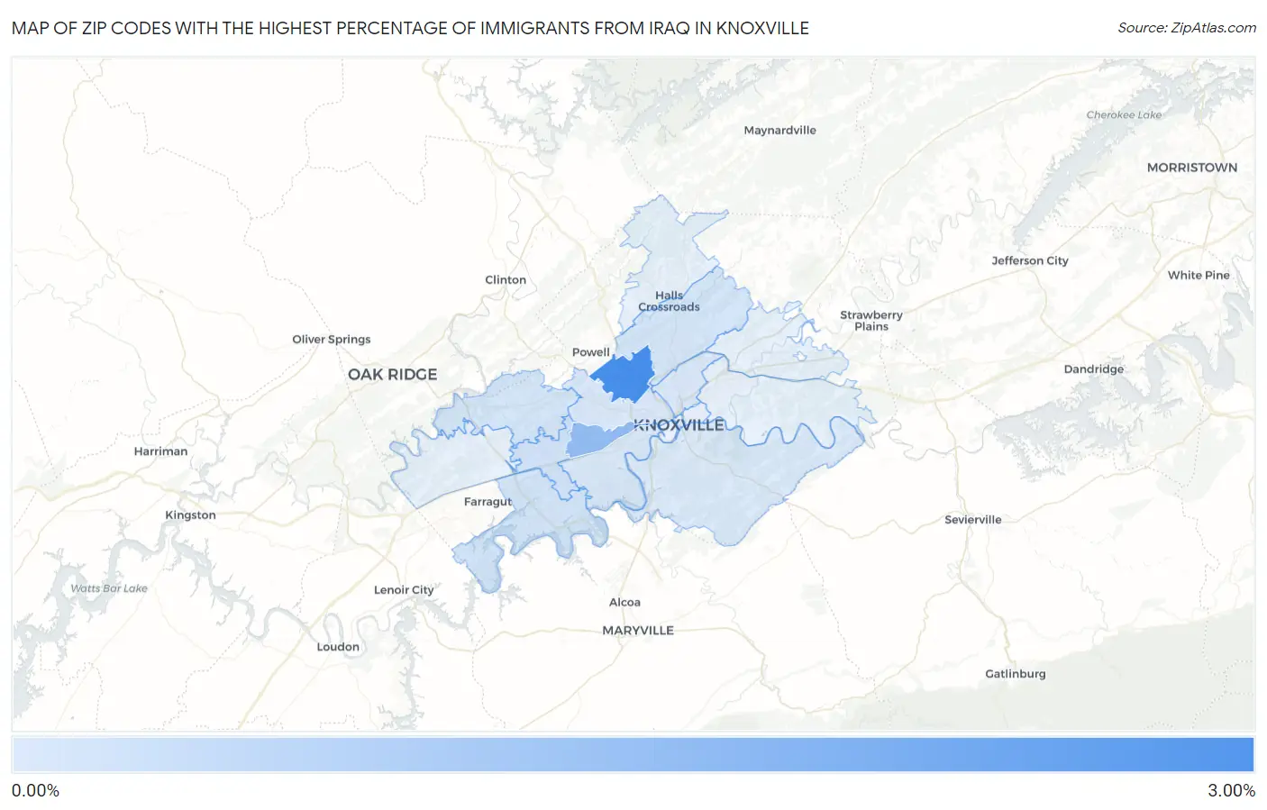 Zip Codes with the Highest Percentage of Immigrants from Iraq in Knoxville Map