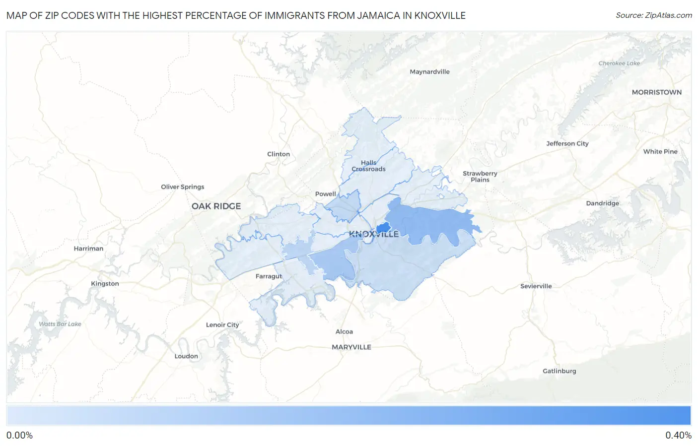 Zip Codes with the Highest Percentage of Immigrants from Jamaica in Knoxville Map