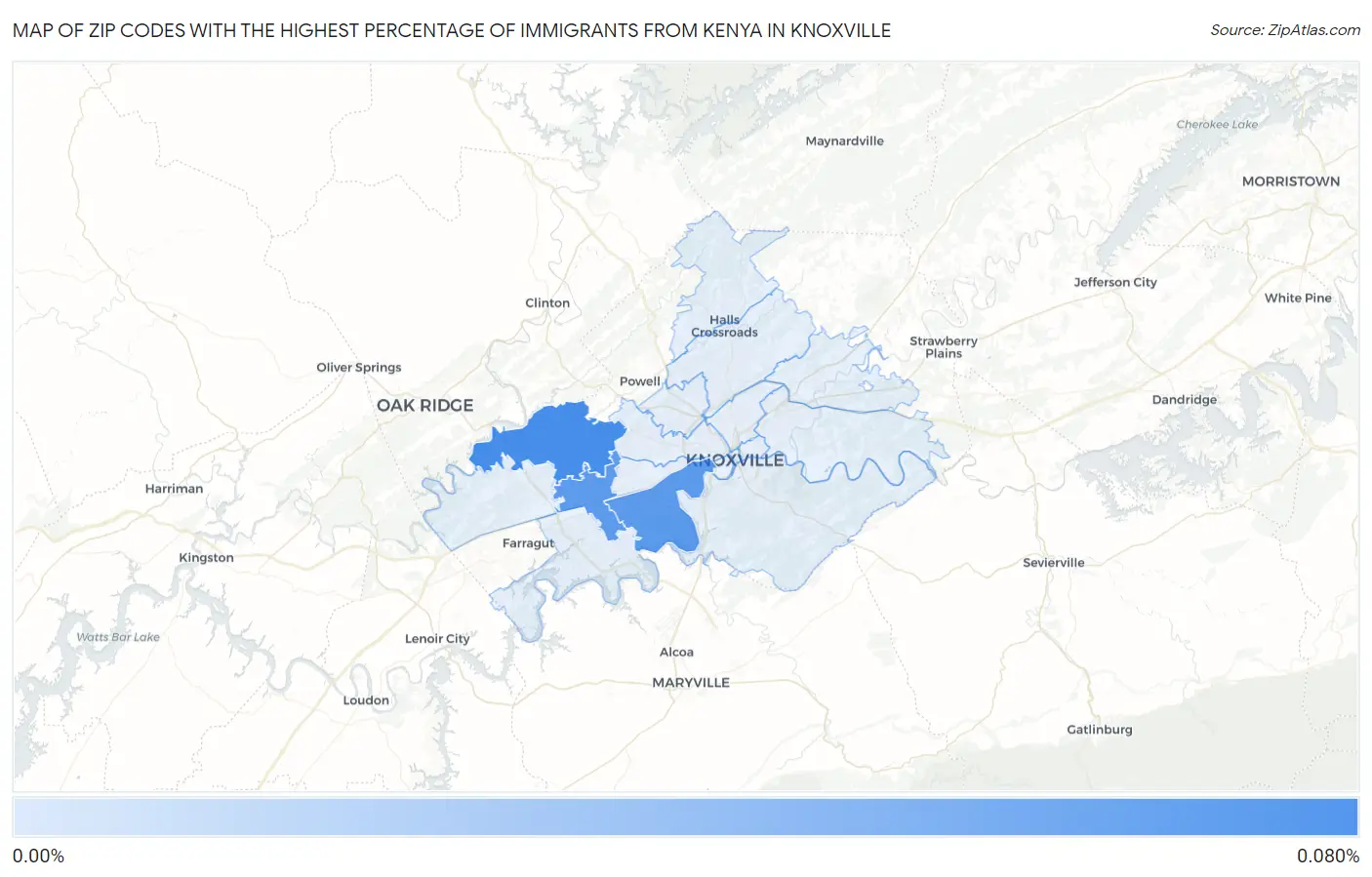 Zip Codes with the Highest Percentage of Immigrants from Kenya in Knoxville Map
