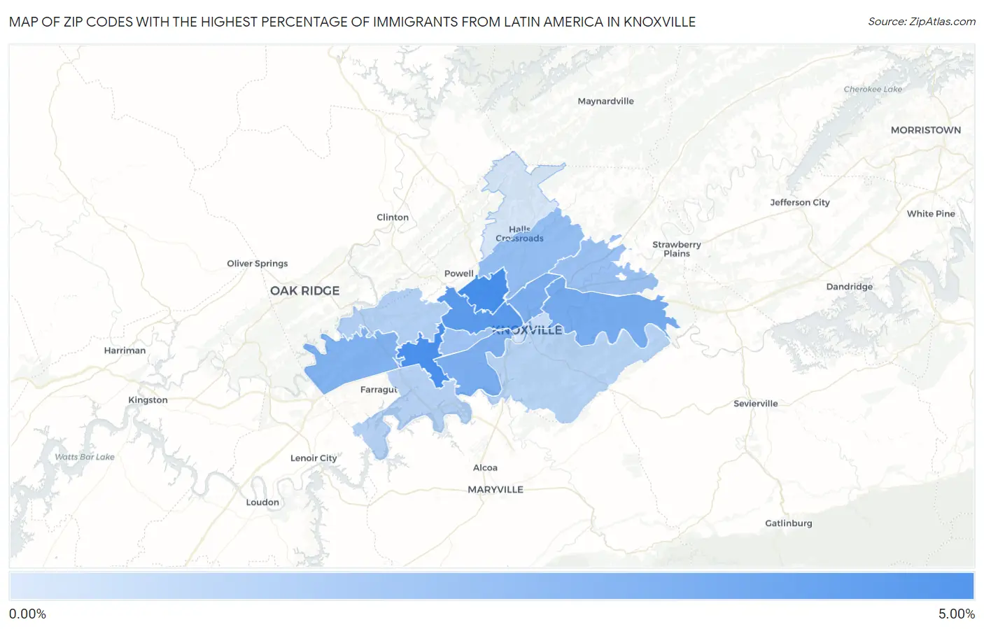 Zip Codes with the Highest Percentage of Immigrants from Latin America in Knoxville Map
