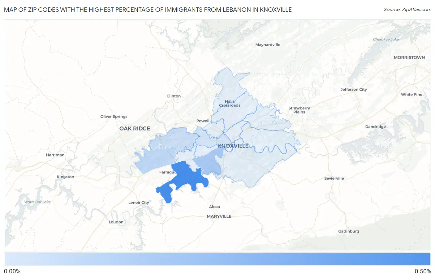 Zip Codes with the Highest Percentage of Immigrants from Lebanon in Knoxville Map