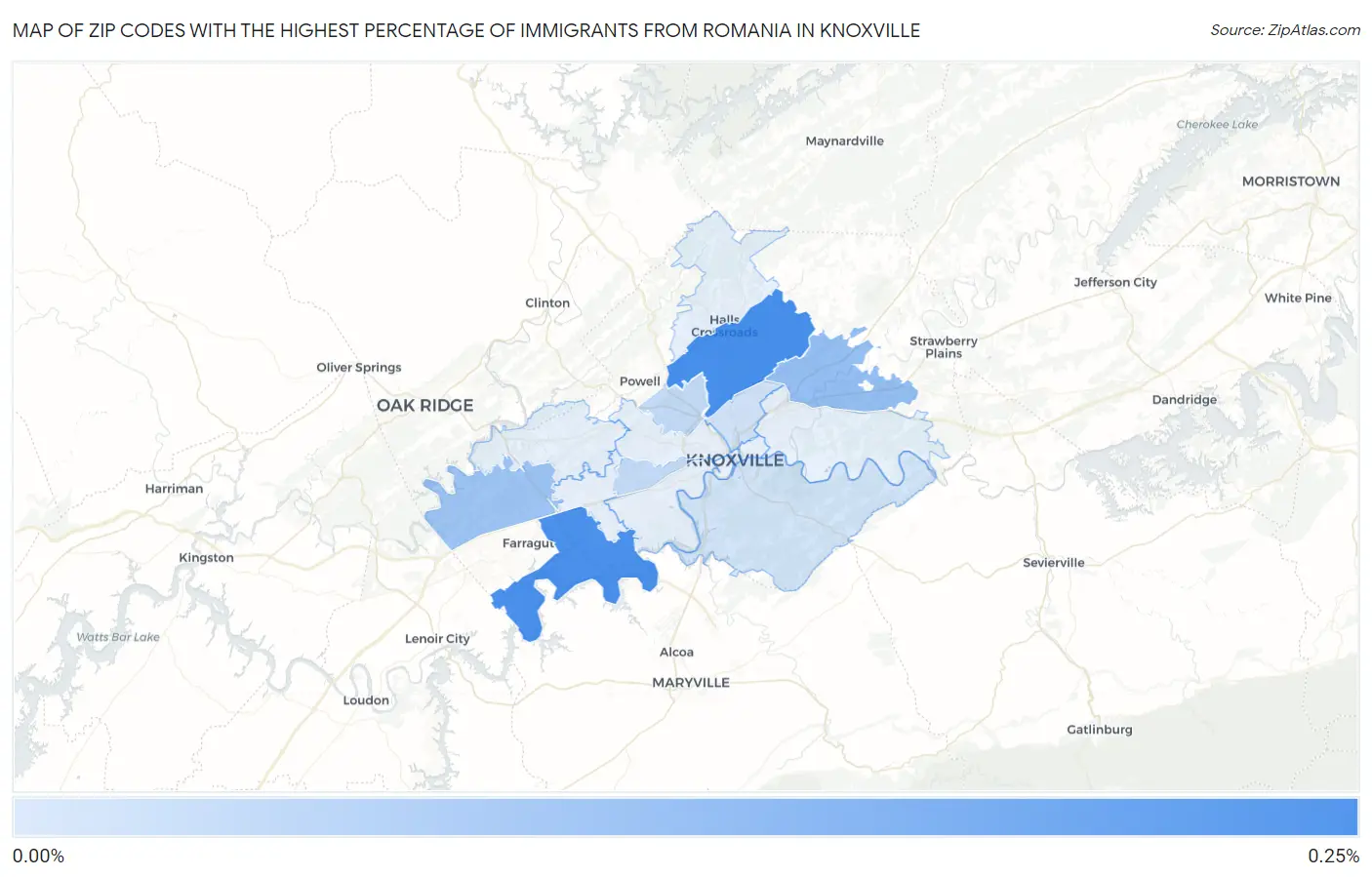 Zip Codes with the Highest Percentage of Immigrants from Romania in Knoxville Map