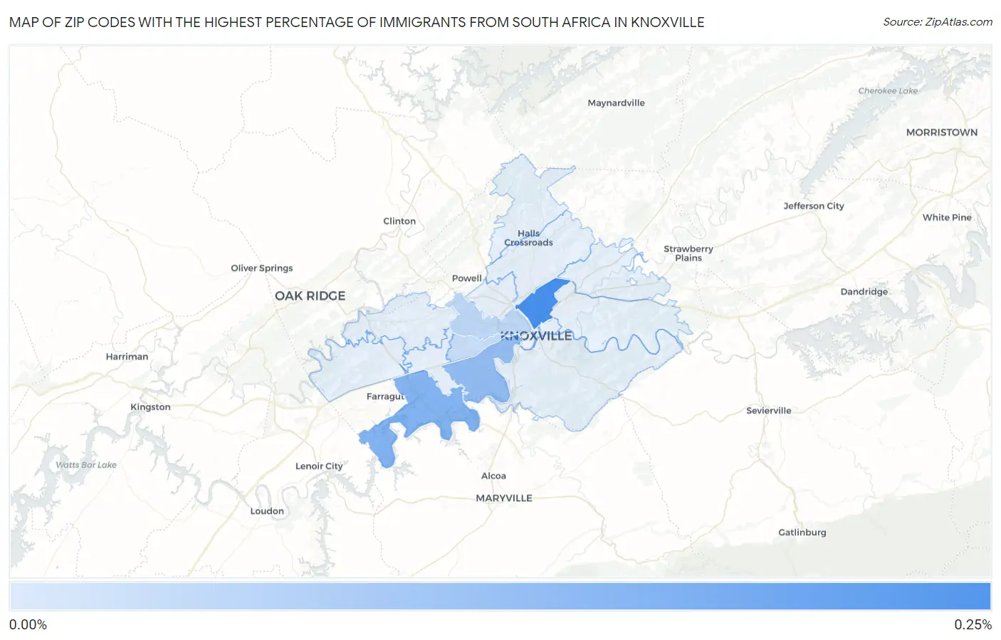 Zip Codes with the Highest Percentage of Immigrants from South Africa in Knoxville Map
