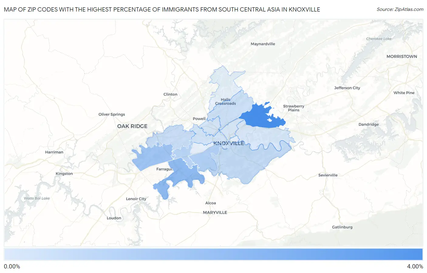 Zip Codes with the Highest Percentage of Immigrants from South Central Asia in Knoxville Map